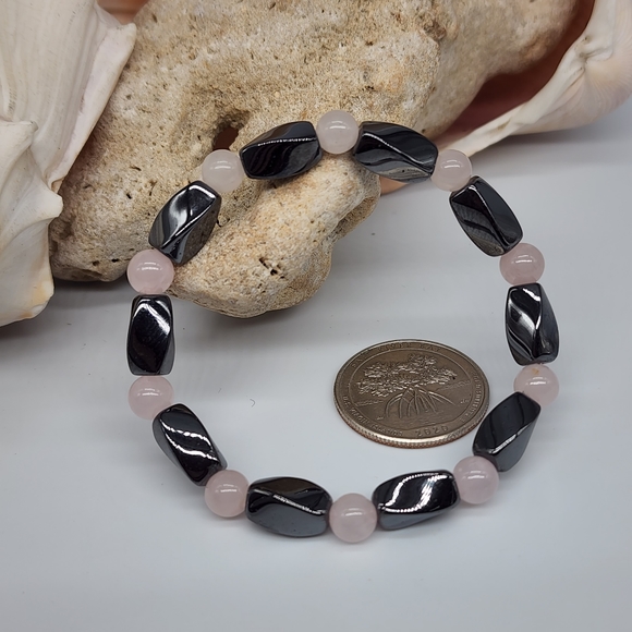 Rose Quartz Genuine Stones/Natural Hematite Bracelet - Picture 3 of 5
